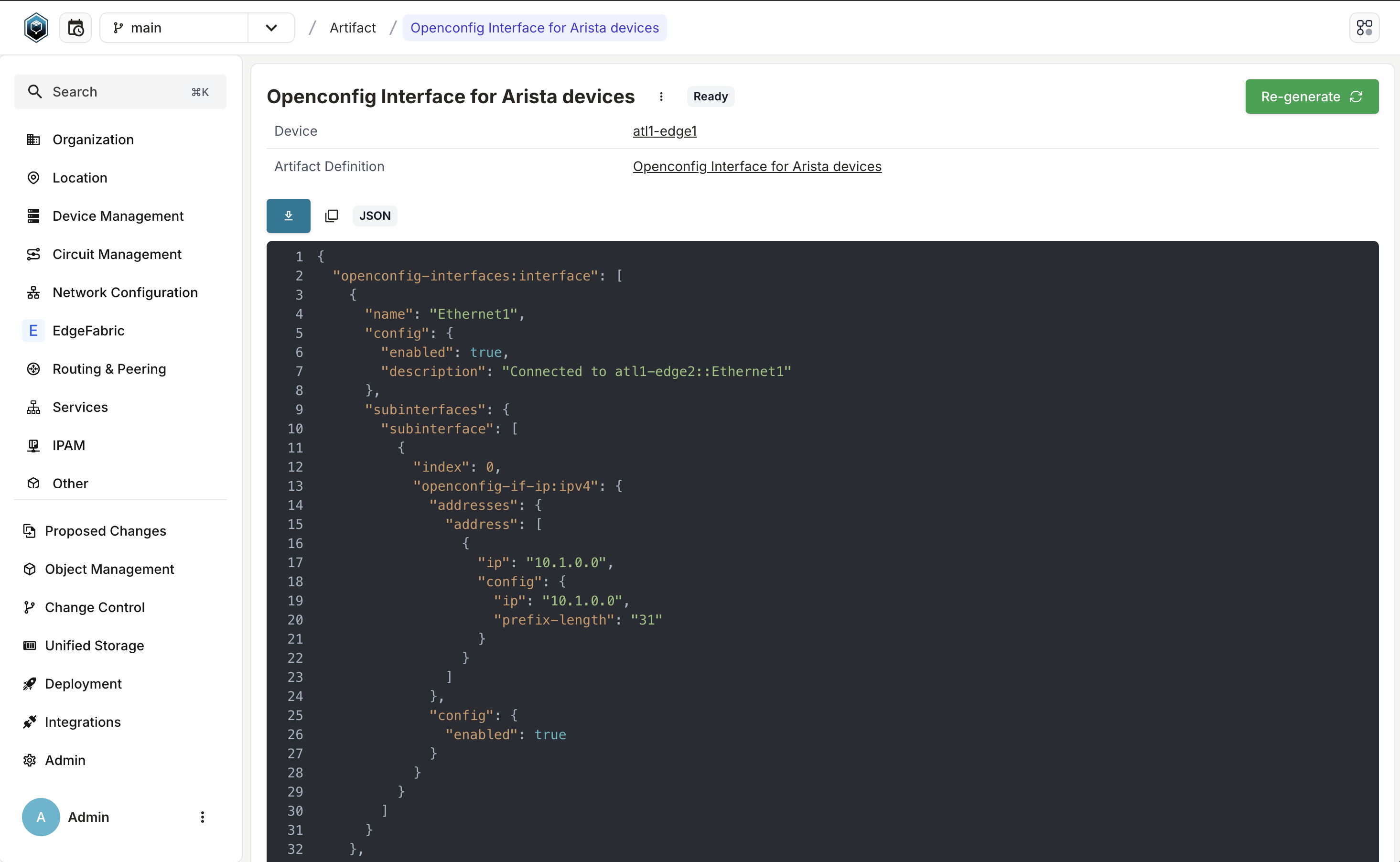 "Example screenshot of Infrahub 1.1.6 showing an Artifact of JSON type with syntax highlighting."